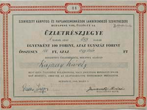 Szervezett Kárpitos- és Paplanosmunkások Lakberendező Szövetkezete üzletrészjegy 100 forint 1948