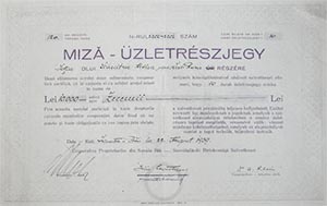 Szovátafürdő Birtokossági Szövetkezet üzletrészjegy 10000 lei 1939 Szováta