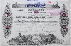 Tiszavidéki Mezőgazdák Szövetkezete Debreczenben részjegy 100 korona 1905 Debrecen