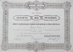 Topolyai Mezőgazdasági Termelő, Kereskedelmi és  Ipari Szövetkezet üzletrész 100 pengő 1944