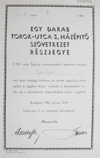 Török utca 3. Házépítő Szövetkezet részjegy 100 pengő 1942