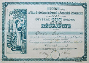 Váczi Gyümölcsértékesítő és Szeszfőző Szövetkezet részjegy  100 korona 1917 Vác