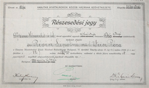 Vasutas Hivatalnokok Közös Házának Szövetkezete részesedési jegy 100 korona 1912