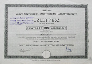 Vasúti Tisztviselők Kmetty utczai Házszövetkezete üzletrész 100 korona 1911