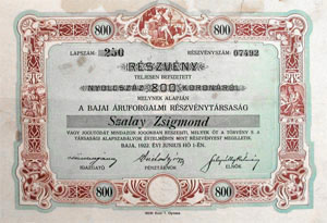 Bajai Áruforgalmi Részvénytársaság részvény 800 korona 1922 Baja