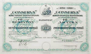 Conserva Német-Magyar Terményforgalmi Részvénytársaság részvény 250 pengő 1935