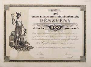 Első Gyulai Kereskedelmi Részvénytársaság részvény 500 korona 1922