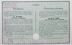 EOS Kereskedelmi Részvénytársaság részkötvény 5000 aranypengő 1937
