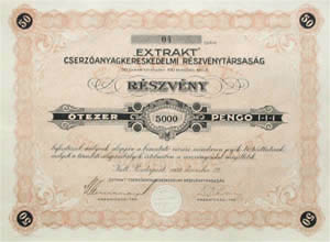 Extrakt Cserzőanyagkereskedelmi Részvénytársaság részvény 5000 pengő 1932