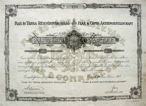 Flax és Társa Részvénytársaság részvény 800 korona 1918 Erzsébetfalva