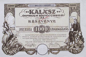 Kalász Áruforgalmi Részvénytársaság részvény 25x1000 korona 1925