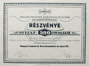 Magyar Industria Kereskedelmi és Ipari Részvénytársaság részvény 500 korona 1921