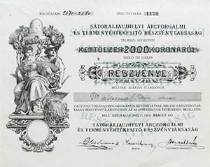 Sátoraljaújhelyi Áruforgalmi és Terményértékesítő  Részvénytársaság részvény 2000 korona 1921