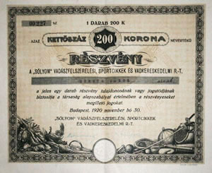 Sólyom Vadászfelszerelési, Sportcikkek és Vadkereskedelmi Részvénytársaság részvény 200 korona 1920