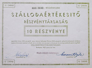 Szálloda Értékesítő Részvénytársaság részvény 10x50 500 pengő 1937