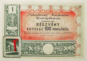 Takarékosság Kereskedelmi Részvénytársaság részvény 100 pengő 1940 Debrecen