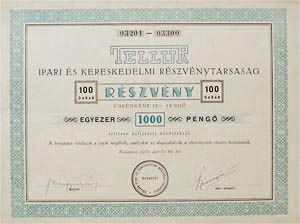 Tellur Ipari és Kereskedelmi Részvénytársaság részvény 100x10 pengő 1931