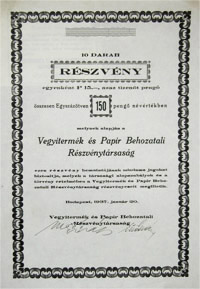 Vegyitermék és Papír Behozatali Részvénytársaság részvény 10x15 150 pengő 1937