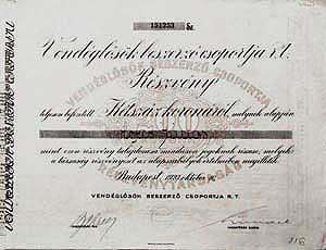 Vendéglősök Beszerző Csoportja Részvénytársaság részvény 200 korona 1923