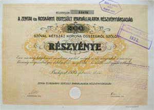 Zentai és Roskányi Egyesült Iparvállalatok Részvénytársaság részvény 200 korona 1920