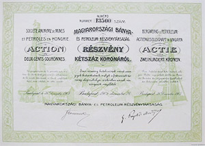 Magyarországi Bánya és Petroleum Részvénytársaság részvény 200 korona 1905