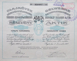 Olajművek Részvénytársaság Kohn Adolf és Társa 200 korona 1919 Győr