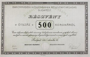 Bakonyvidéki Kőszénbánya Részvénytársaság részvény 500 korona 1922