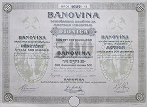 Banovina Bánya Ipar Részvénytársaság részvény 500 korona 1908 Zágráb