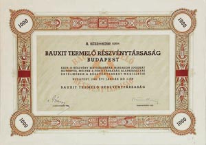 Bauxit Termelő Részvénytársaság részvény 1000 pengő 1943