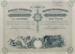 Borsodi Szénbányák Részvénytársaság részvény 10 pengő 1926