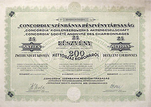 Concordia Szénbánya Részvénytársaság részvény 5000 korona 1923