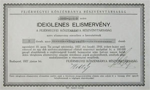 Fejérmegyei Kőszénbánya Részvénytársaság ideiglenes elismervény 10 pengő 1927