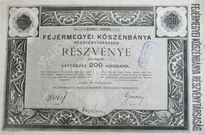 Fejérmegyei Kőszénbánya Részvénytársaság részvény 100x200 20000 korona 1923