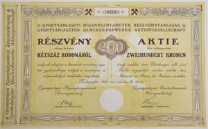 Gyertyánligeti Higanybányaművek Részvénytársaság részvény 200 korona 1906