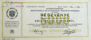 Gyöngyösvárosi Széntermelő és Értékesítő Részvénytársaság részvény 5x1000 5000 korona 1923 Gyöngyös
