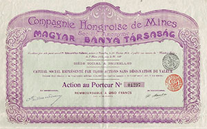 Magyar Bánya Társaság részvény 250 frank 1903 Brüsszel