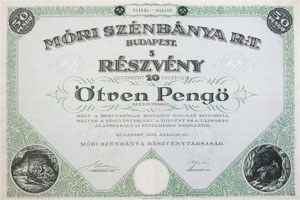 Móri Szénbánya Részvénytársaság részvény 5x10 50 pengő 1926