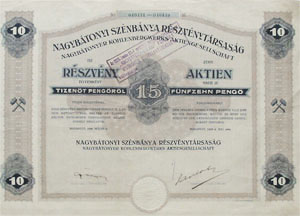 Nagybátonyi Szénbánya Részvénytársaság részvény 10x15 pengő 1926