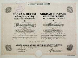 Nógrád-Hevesi Kőszénbányák Részvénytársaság részvény 5x200 1000 korona 1923