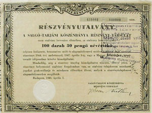 Salgó-Tarjáni Kőszénbánya Részvény-Társulat részvényutalvány 100x30 pengő 1946