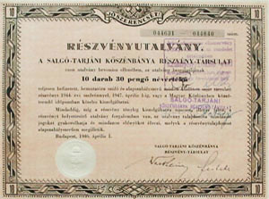 Salgó-Tarjáni Kőszénbánya Részvény-Társulat részvényutalvány 10x30 pengő 1946