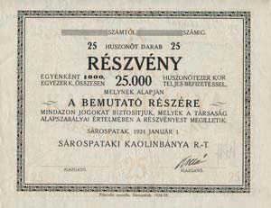 Sárospataki Kaolinbánya Részvénytársaság részvény 25x1000 25000 korona 1924