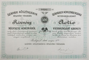 Szápári Kőszénbánya Részvénytársaság részvény 400 korona 1910