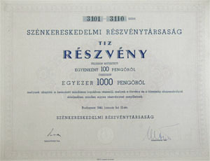 Szénkereskedelmi Részvénytársaság részvény 10x100 1000 pengő 1940
