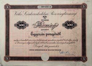 Vértes Szénkereskedelmi Részvénytársaság részvény 5x100 500 pengő 1931 Szeged