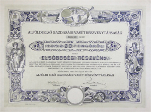 Alföldi Első Gazdasági Vasút Részvénytársaság Békéscsaba elsőbbségi részvény 20 pengő 1928