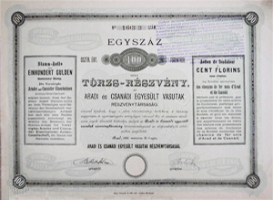 Aradi és Csanádi Egyesült Vasutak Részvénytársaság törzs-részvény 100 forint 1886 Arad