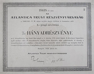 Atlantica Trust 5/25 hányadrészvény 4 pengő 1928