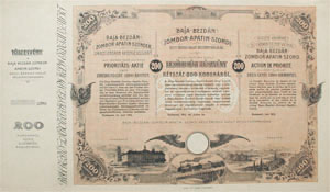 Baja-Bezdán-Zombor-Apatin-Szondi Helyi Érdekű Vasút Részvénytársaság elsőbbségi részvény 200 korona 1912
