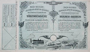 Baja-Bezdán-Zombor-Apatin-Szondi Helyi Érdekű Vasút Részvénytársaság törzsrészvény 1000 korona 1915